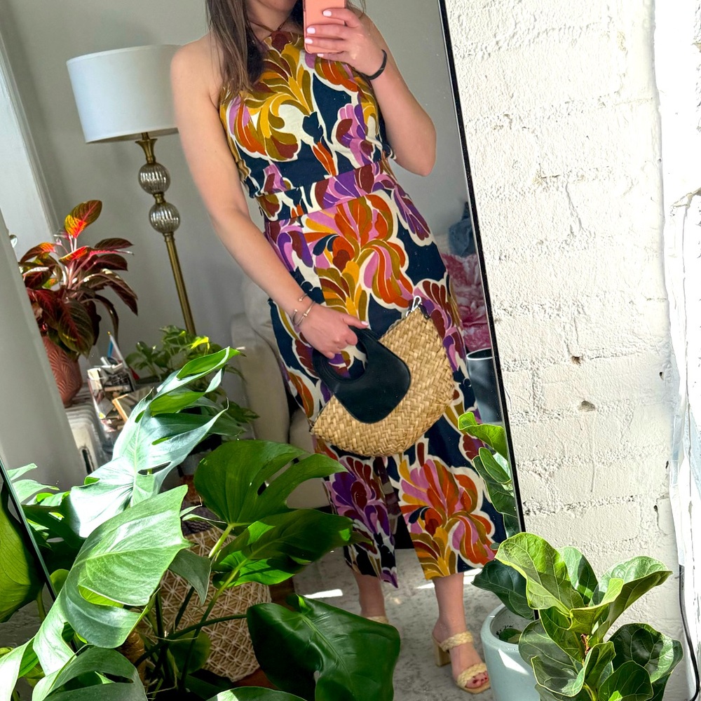 Sezane Multicolor Floral Midi Dress in Navy, Mustard, Pink